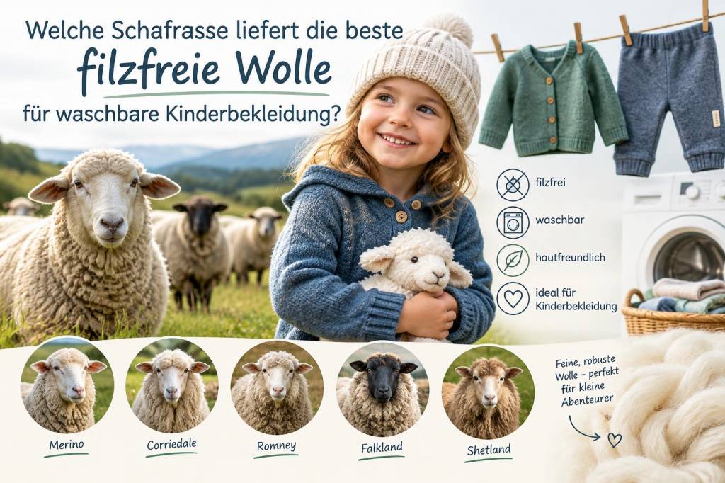 Welche schafrasse liefert die beste filzfreie wolle für waschbare kinderbekleidung?